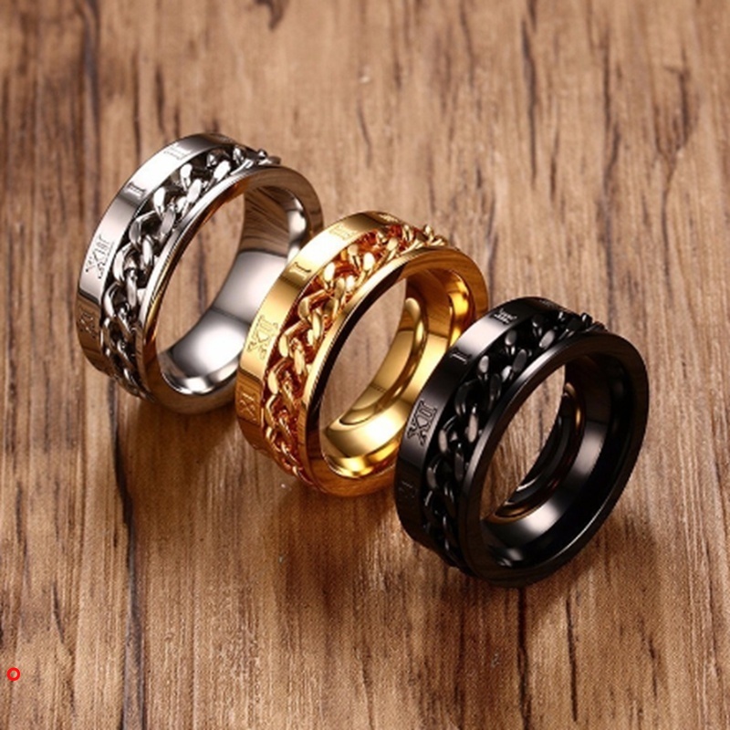 เครื่องประดับผู้ชาย แหวนสเตนเลส หมุนได้ ตัวเลขโรมัน 8 มม. ไซซ์ 6-12