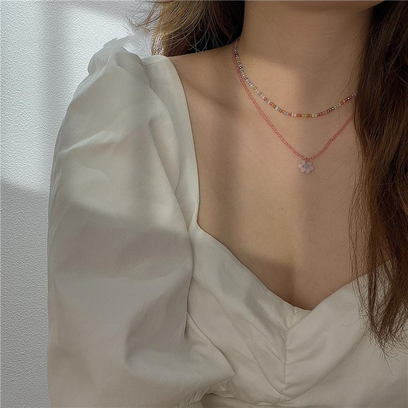 เครื่องประดับผู้หญิงสร้อยคอโซ่จี้ลูกปัดดอกไม้สีลูกกวาด