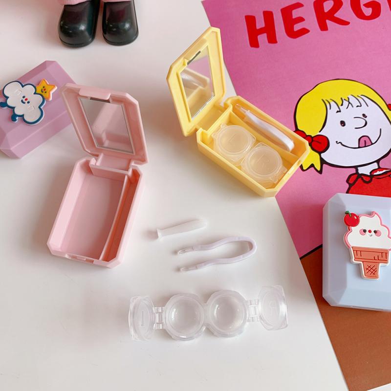 เคสคอนแทคเลนส์ แบบใส ลายการ์ตูนน่ารัก ขนาดเล็ก พร้อมกล่องเครื่องมือดูแลกระจก