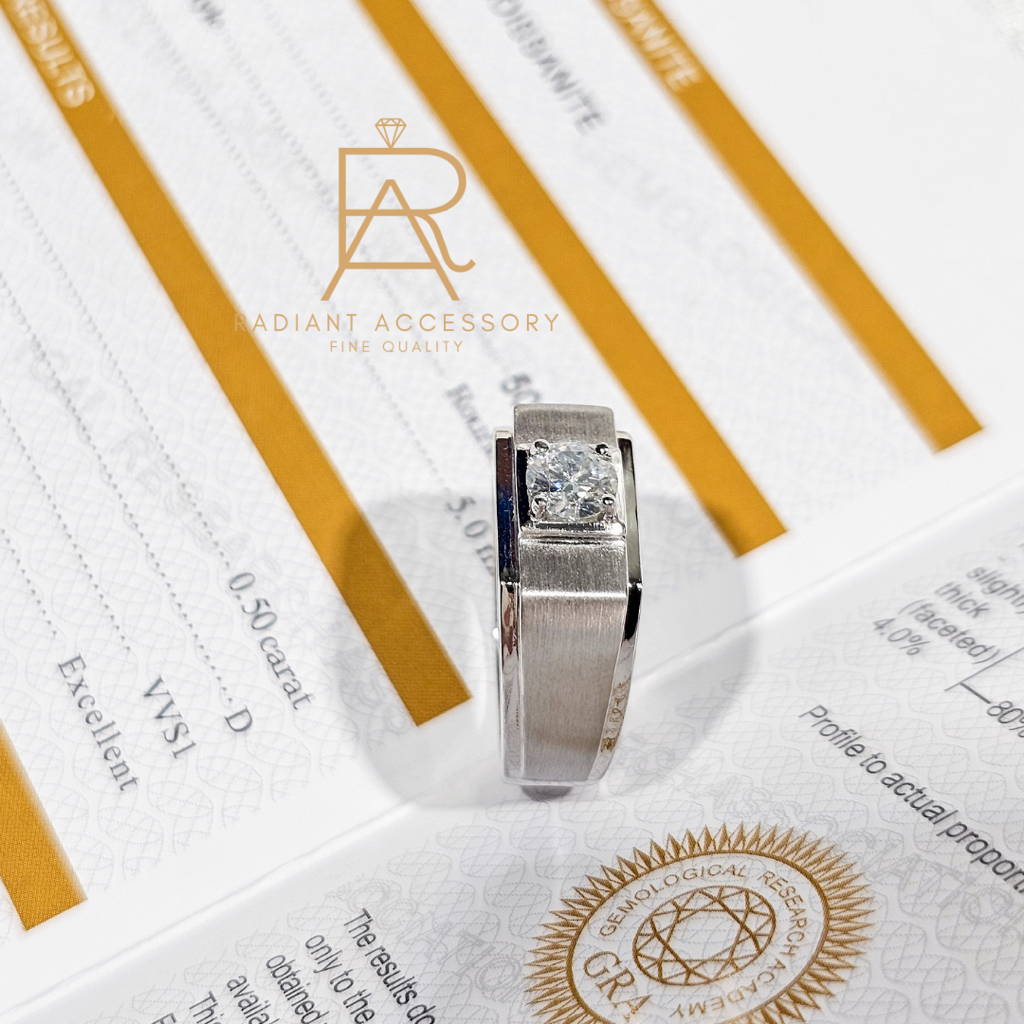 แหวนเงินแท้ ชุบทองคำขาว แหวนชาย ฝังเพชร Moissanite 0.5 กะรัต