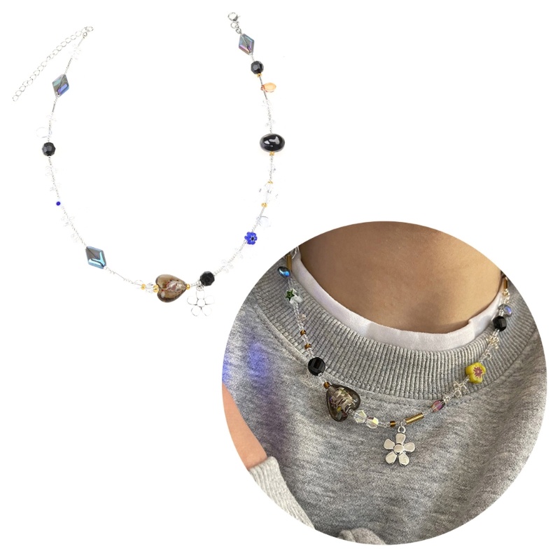 ✿ Flower Necklace for Women Gifts Crystal Gravel Beaded Choker Chain Statement Necklace Cute Choker Jewelry