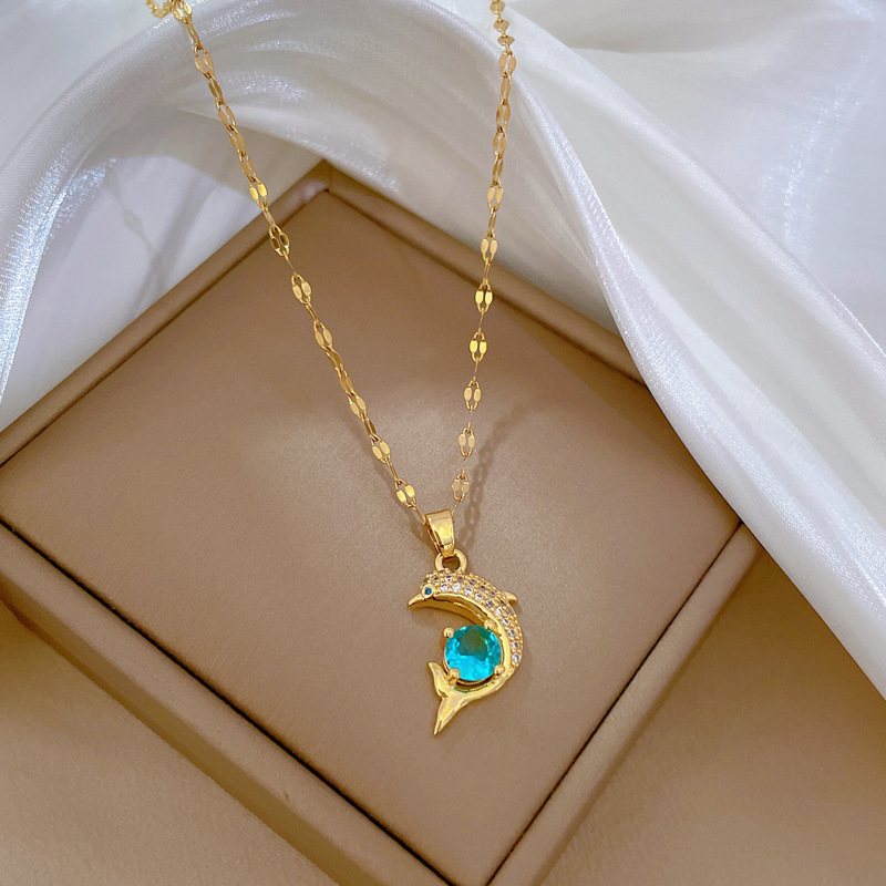 ⭐Y.H⭐ ปลาโลมาเพชร สีทอง 18K สร้อยคอสแตนเลส จี้ทองแดง