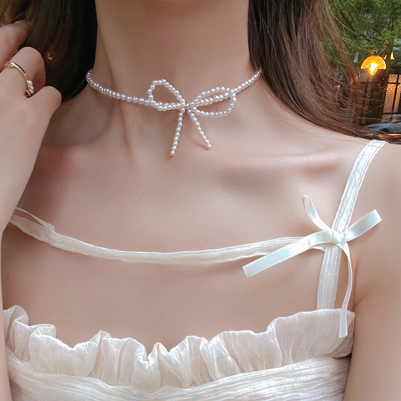 ꒰พร้อมส่ง꒱ สร้อยมุก สร้อยคอมุก ผูกโบว์ โชกเกอร์ ใส่ไปทะเล y2k