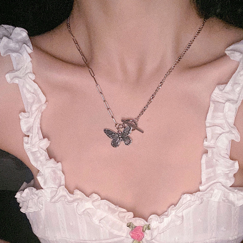（A12-01-6）สร้อยคอสร้อยข้อมือจี้ผีเสื้อสีเงินสไตล์เกาหลี