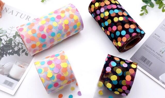 ผ้าโปร่งลายจุด polka dot  (1 หลา) ริบบิ้นผ้า ริบบิ้นเกาหลี ริบบิ้น