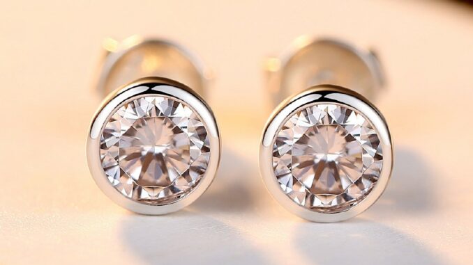 เดี่ยวเพชร Bezel Stud Earrings ชุบทองคำขาว 18k ทองคำขาวทองคำขาว Moissanite กะรัตผู้หญิงต่างหูเพชร de2-799