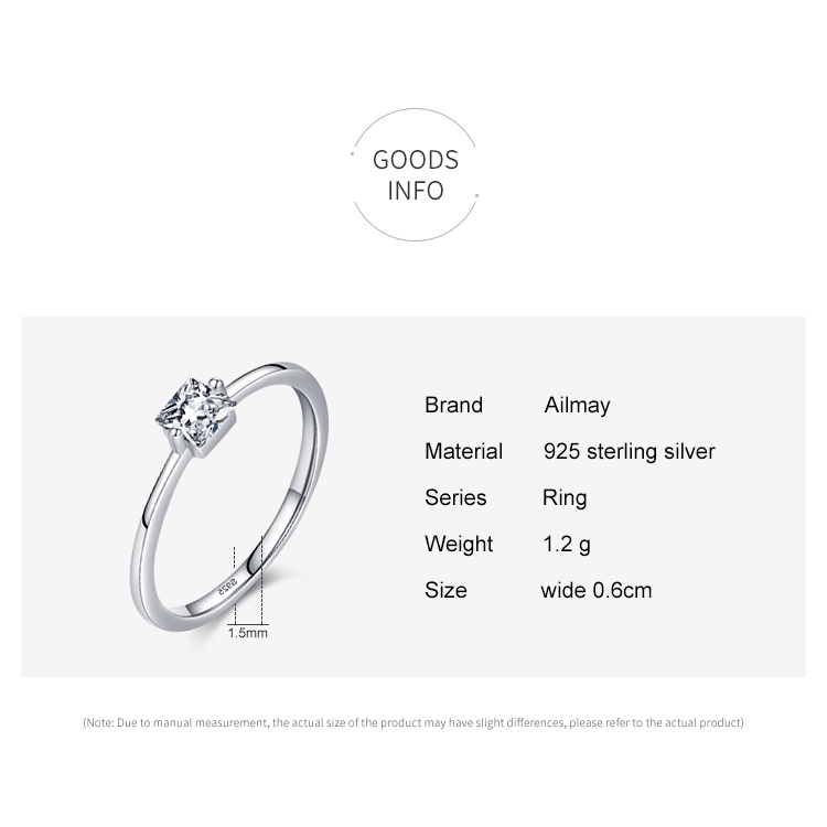 Ailmay ของแท้ แหวนเงินแท้ 925 ทรงสี่เหลี่ยม เครื่องประดับแฟชั่น สําหรับผู้หญิง