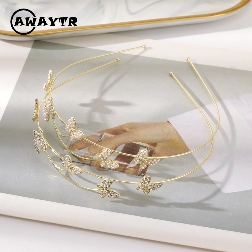 Awaytr ที่คาดผม โลหะผสม ประดับไข่มุก ผีเสื้อ เครื่องประดับ แฟชั่นใหม่ สําหรับผู้หญิง