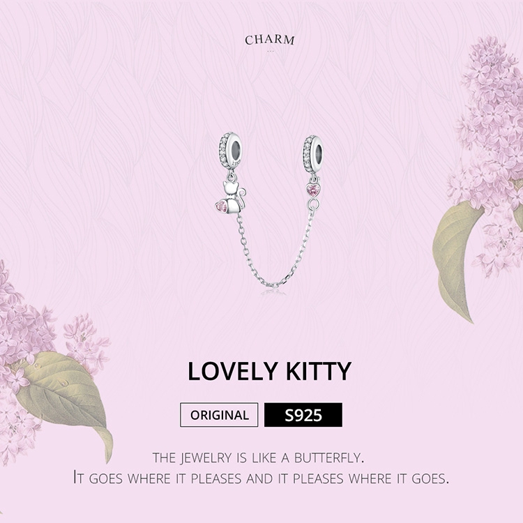 BAMOER 925 Sterling Silver Cat Heart Safety Chain with Silicone Charm