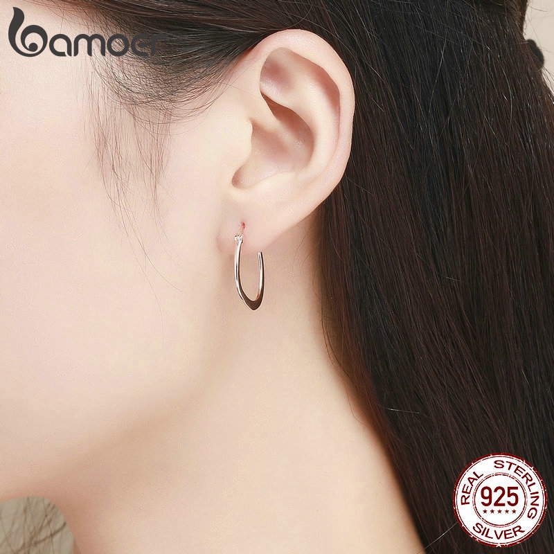BAMOER ต่างหูห่วงเงินแท้ สีโรสโกลด์ เรียบง่าย
