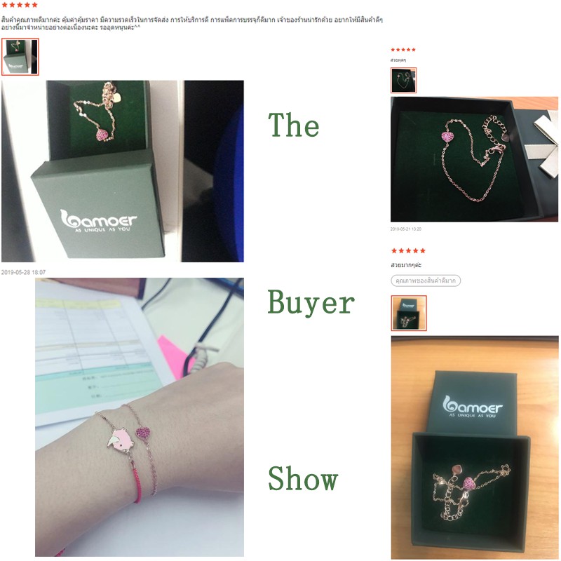 BAMOER สร้อยข้อมือ ปรับระดับได้ เเต่งจี้หัวใจ สีโรสโกลด์ ขนาด 22 ซม. สำหรับผู้หญิง