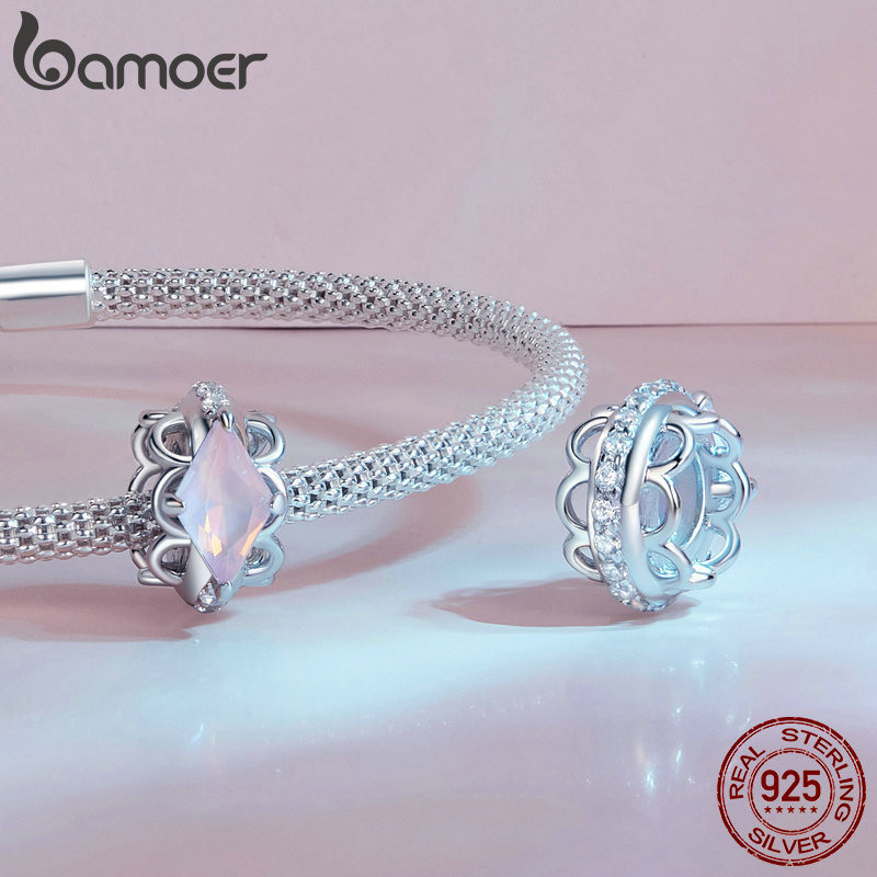 Bamoer สร้อยข้อมือ เงินแท้ 925 จี้รูปดาว หัวใจ สีชมพู เครื่องประดับ สําหรับผู้หญิง คู่รัก DIY