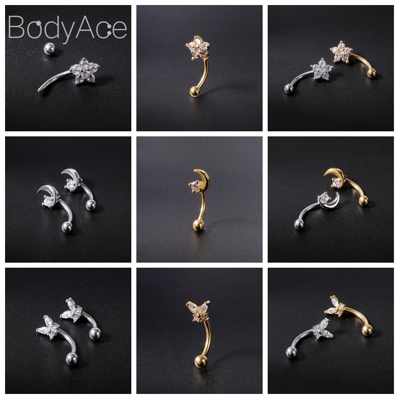 Bodyace 1 ชิ้น สเตนเลส คิ้ว เจาะ ดอกไม้ คริสตัล ลิป แหวน เอเลี่ยน โค้ง บาร์เบล เกลียว เจาะ ต่างหู