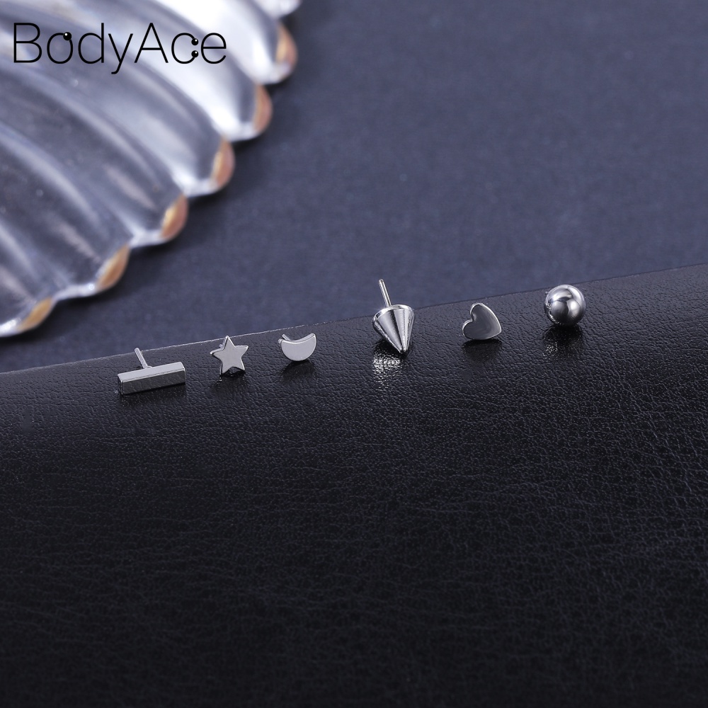 Bodyace ต่างหู สเตนเลส เจาะริมฝีปาก รูปหัวใจ ดวงจันทร์ คริสตัล 16 กรัม 1 ชุด