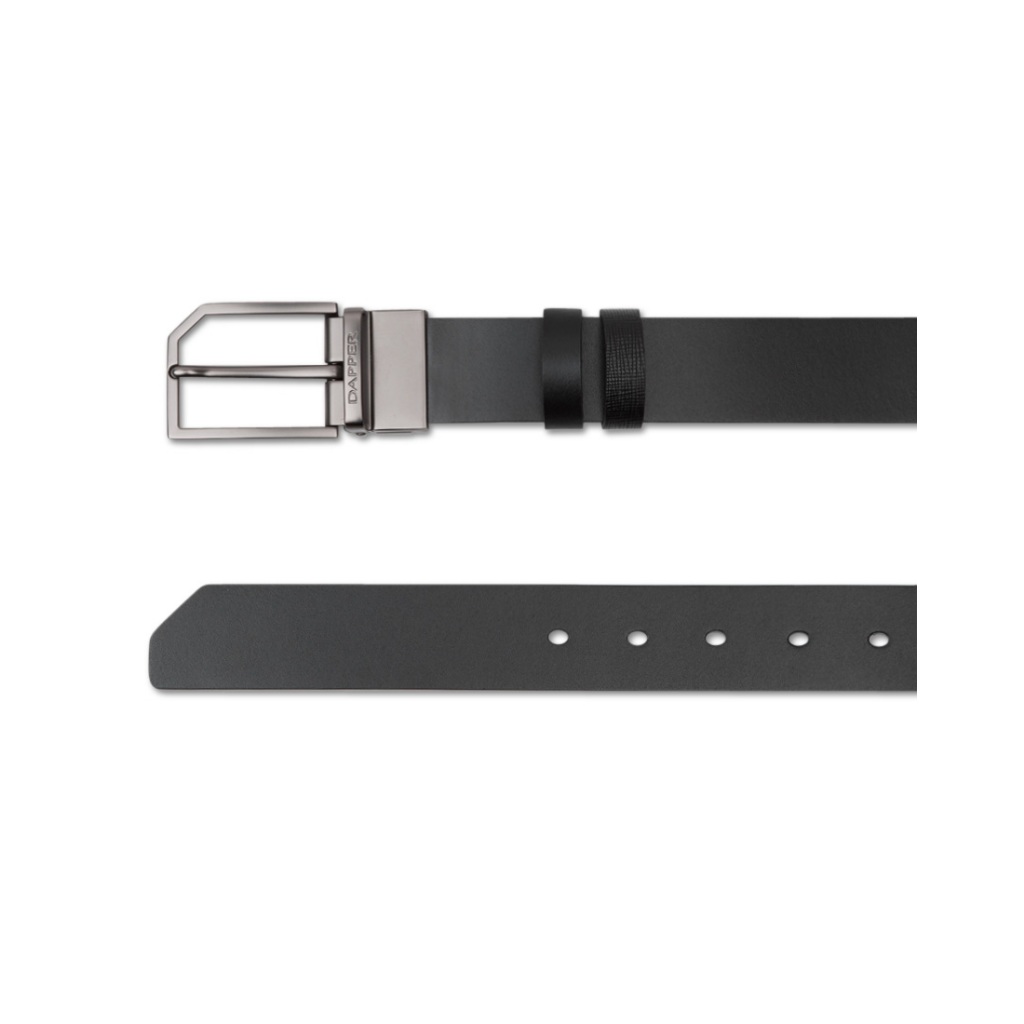 DAPPER เข็มขัดหนังแท้ Snip Corner Rectangle Pin Buckle Belt แบบใส่ได้ 2 ด้าน สีดำ (BBCB1/1286PN)
