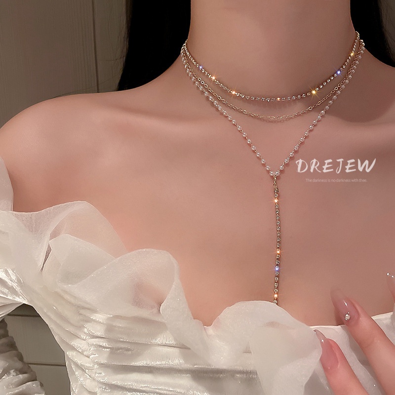 DREJEW แสงหรูหราอารมณ์หลายชั้นแฟลชเพชรสร้อยคอมุกรูปตัว Y โซ่กระดูกไหปลาร้าของผู้หญิง