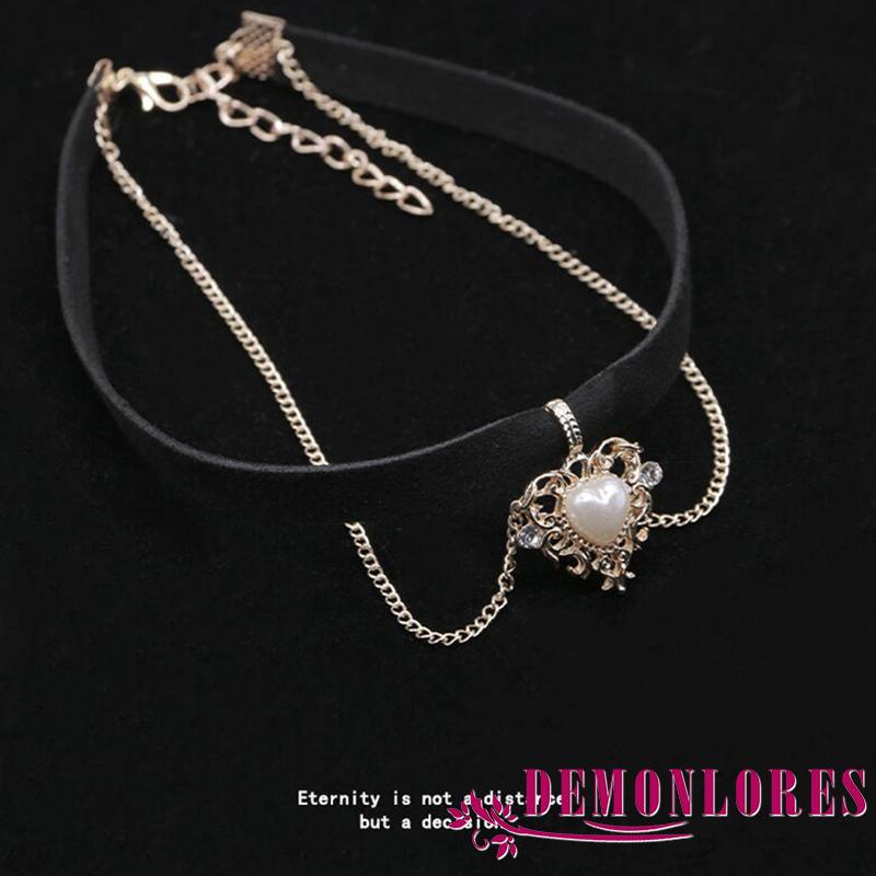 Demq- สร้อยคอกํามะหยี่ จี้หัวใจ ประดับมุก สีทอง ปรับได้ สไตล์วินเทจ สําหรับผู้หญิง