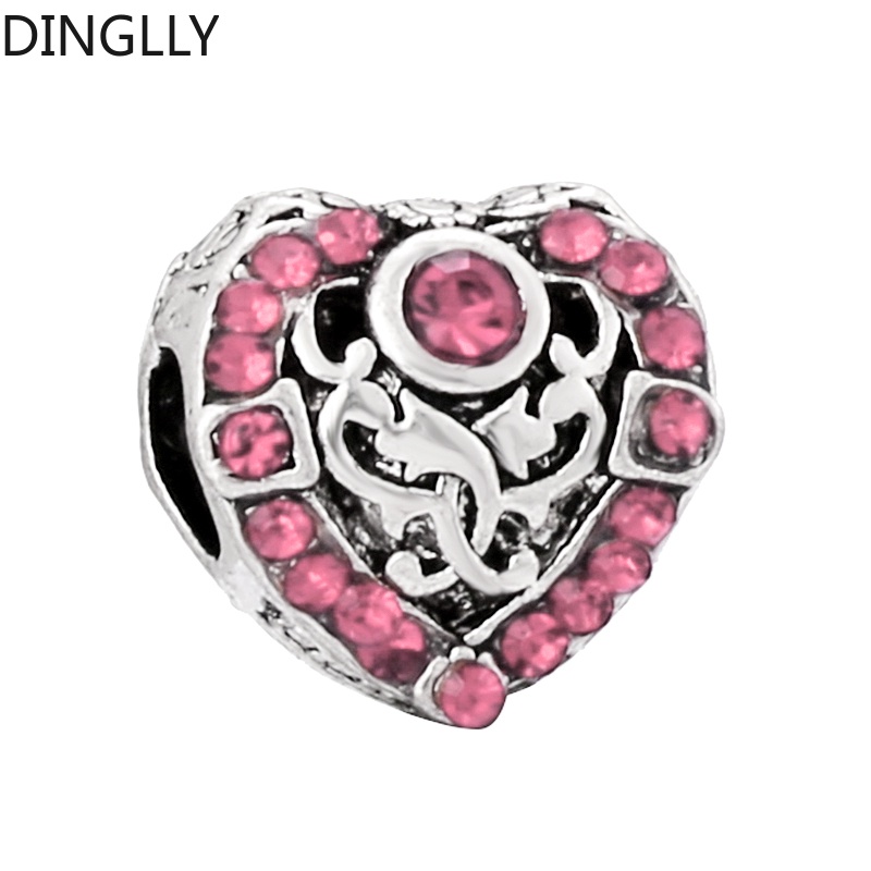 Dinglly ลูกปัดอัลลอย สีเงิน สีชมพู และพลอยเทียม รูปหัวใจ สําหรับทําเครื่องประดับ Diy