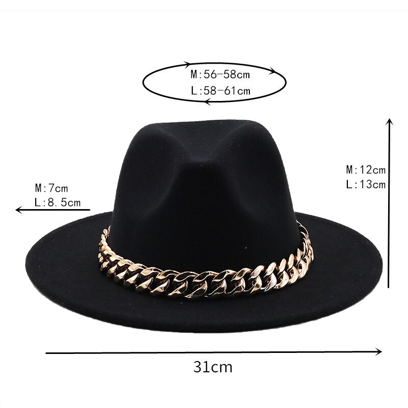 Fedora หมวกปีกกว้าง หนา สายโซ่ สีทอง แฟชั่นฤดูใบไม้ร่วง ฤดูหนาว สําหรับผู้หญิง และผู้ชาย