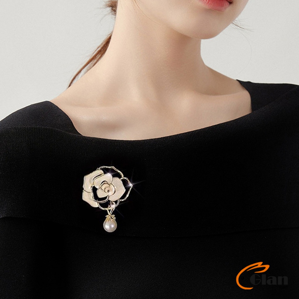Glanxuan เข็มกลัด รูปดอกคามิเลีย ประดับมุก สไตล์เรโทร Camellia brooch