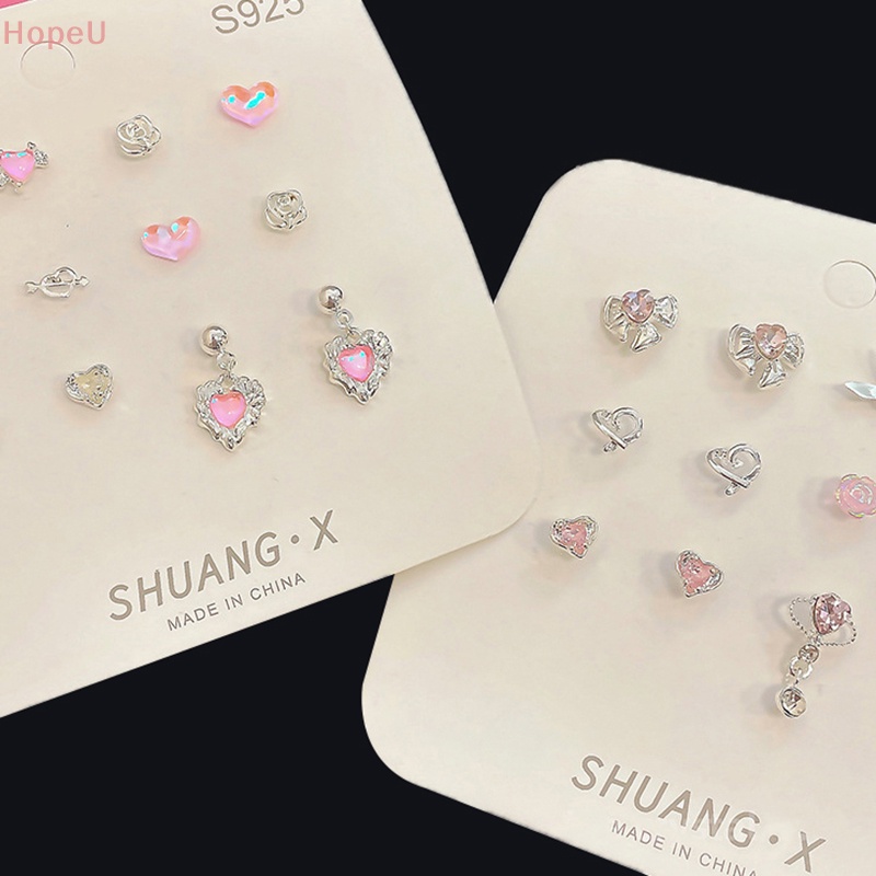 [HopeU] ต่างหูสตั๊ด ประดับเพทาย คริสตัล รูปหัวใจน่ารัก สีชมพู สไตล์เกาหลี 1 ชุด