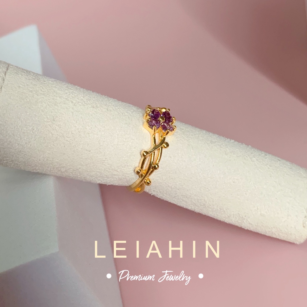LEIAHIN แหวนแฟชั่น แหวนทอง 18k ประดับเพทาย สีม่วง ปรับได้ เครื่องประดับแฟชั่น สําหรับผู้หญิง
