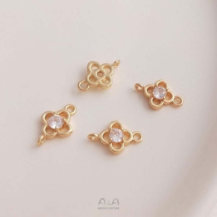 [Little Blu] จี้ทองแดง 14K ฝังเพทาย รูปใบโคลเวอร์สี่แฉก แฮนด์เมด