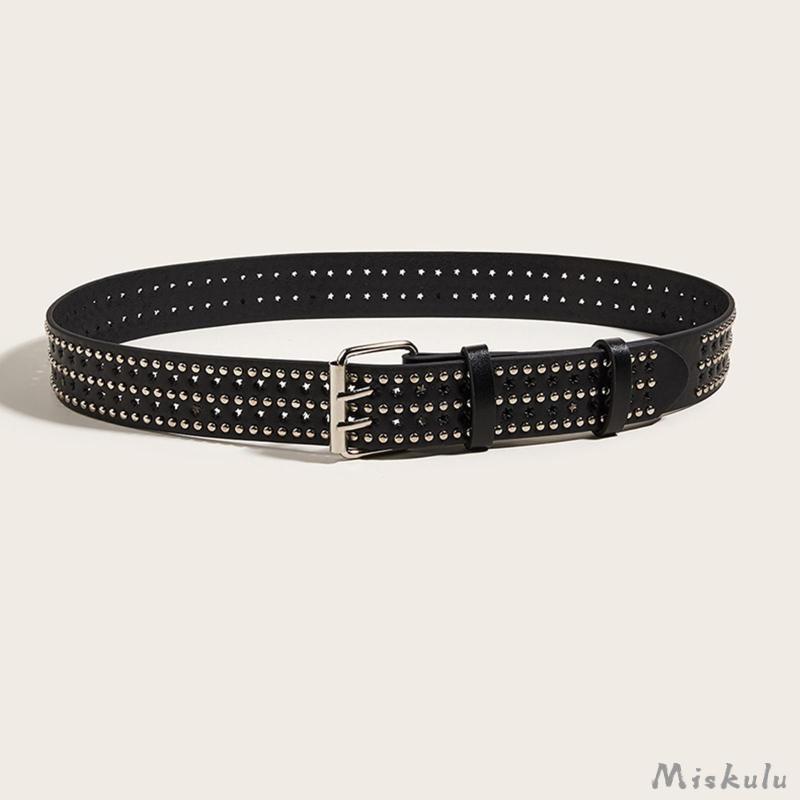 [Miskulu] เข็มขัดหนัง PU ประดับหมุด ปรับได้ แฟชั่นสําหรับผู้ชาย และผู้หญิง