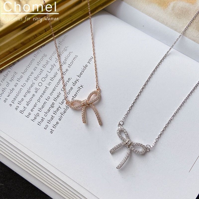 Niche Brand สร้อยคอโซ่สั้น จี้โบว์ ประดับเพทาย สีโรสโกลด์ สีเงิน กันน้ํา หรูหรา