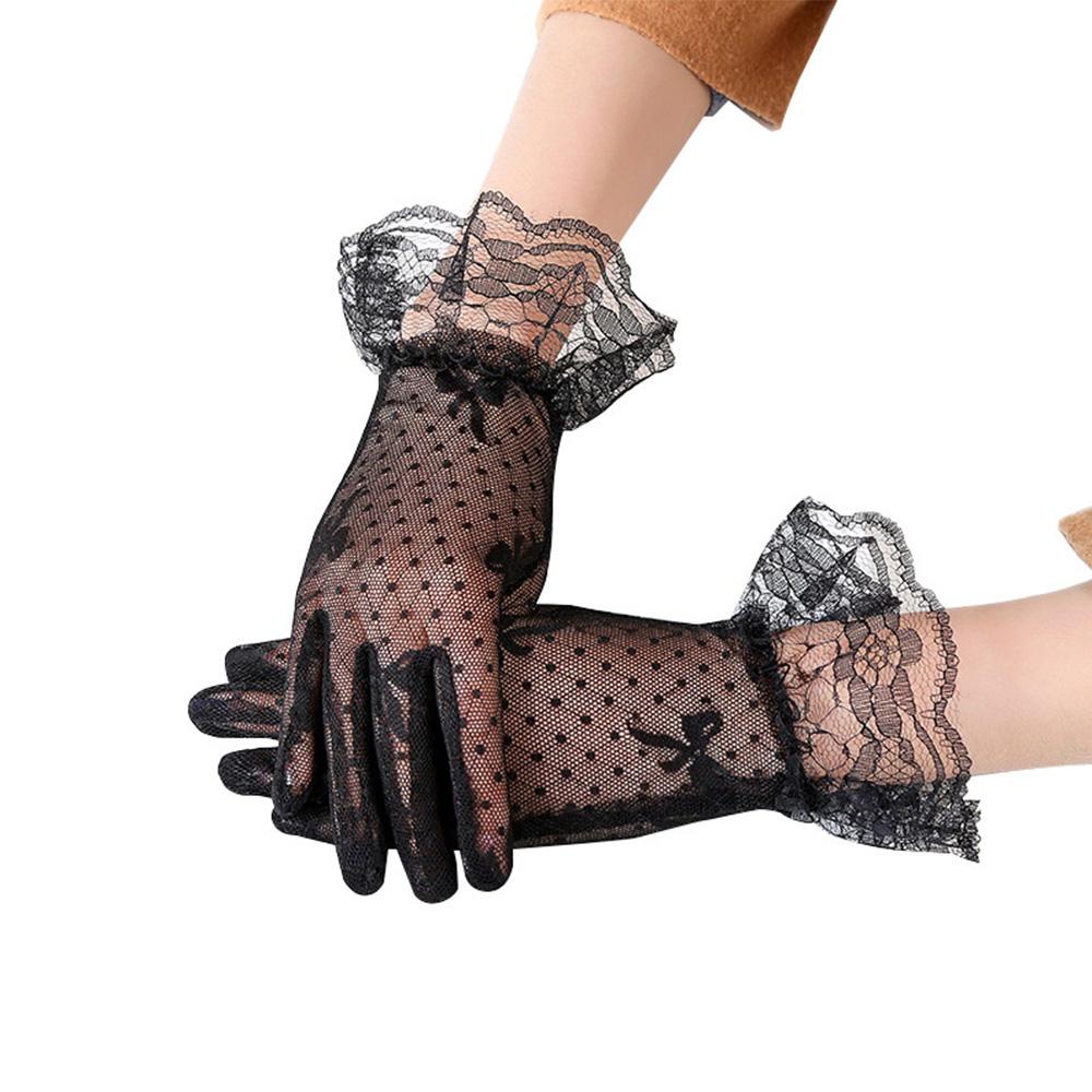 Qqmall ถุงมือตาข่าย สไตล์พังก์ ลูกไม้ โบว์ แบบเต็มนิ้ว ขับรถ ถุงมือลูกไม้ สีดํา สีขาว