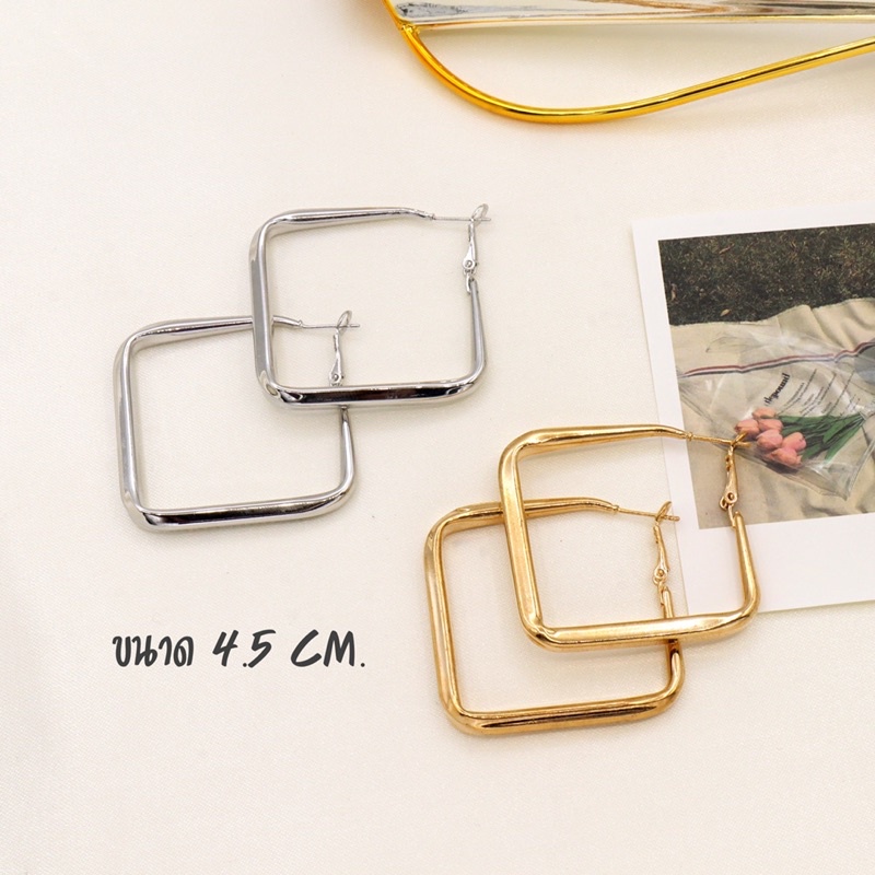 WFH ต่างหูผู้หญิง ต่างหูห่วงสี่เหลี่ยม ต่างหูห่วงวงกลม สีทอง สีเงิน  FE163