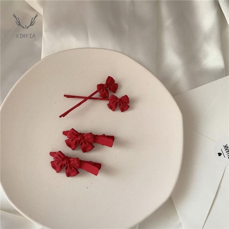 Xinyia1 กิ๊บติดผม ประดับโบว์ สีแดง สไตล์ญี่ปุ่น เรียบง่าย และน่ารัก สําหรับผู้หญิง