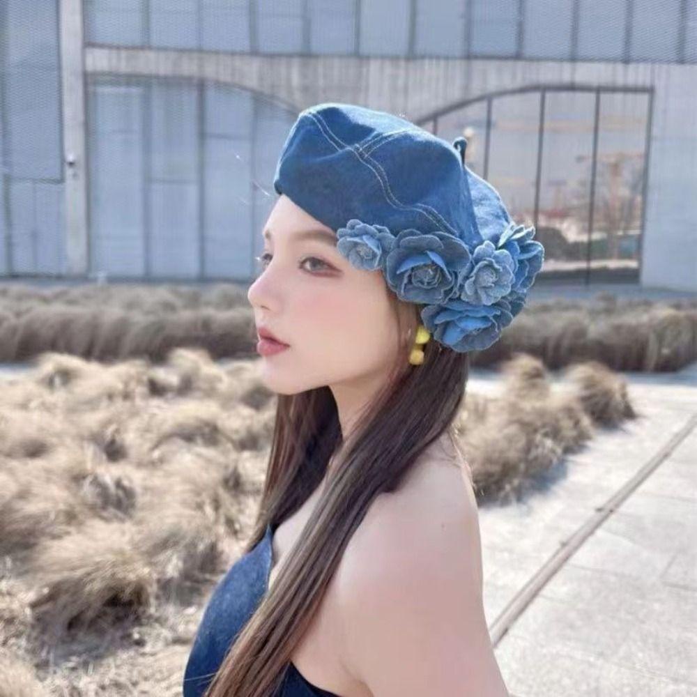 Xueshan หมวกเบเร่ต์ลําลอง ผ้าฝ้าย ลายดอกไม้ ดอกคามิเลีย สีตัดกัน แฟชั่น
