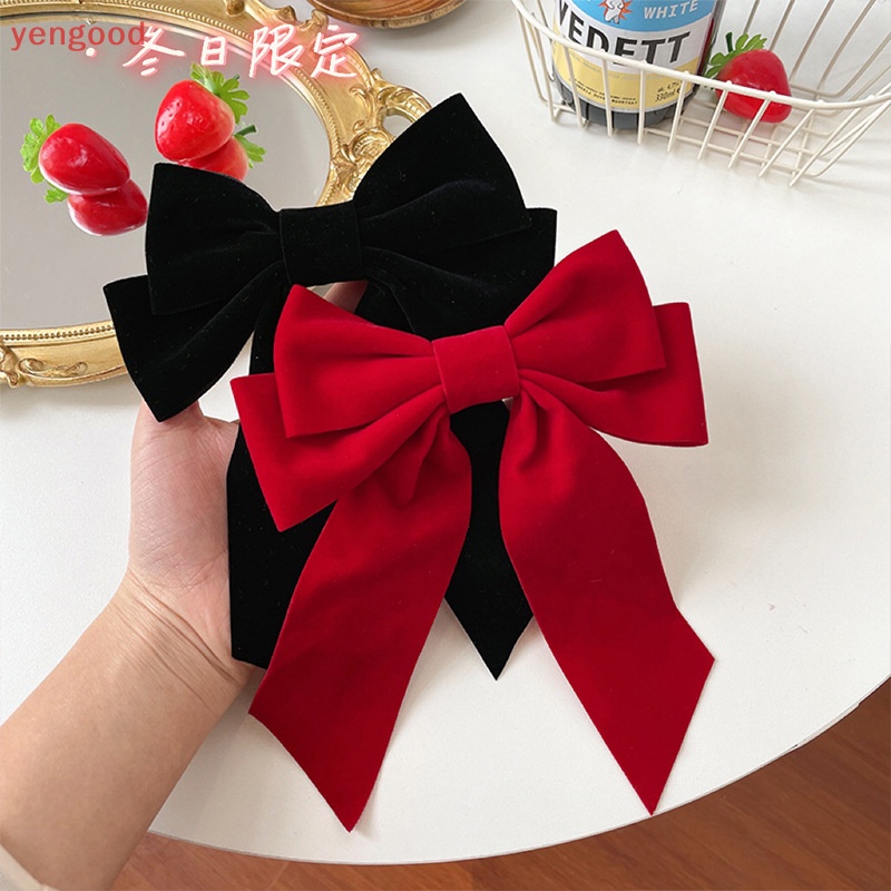 (YGD) กิ๊บติดผม ริบบิ้น โบว์กํามะหยี่ ขนาดใหญ่ สีดํา สีแดง สําหรับผู้หญิง งานแต่งงาน วินเทจ