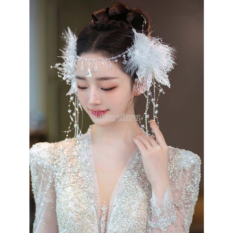 คลิปหนีบผ้าลูกไม้ ประดับพู่ขนนก สีขาว แฮนด์เมด สําหรับชุดแต่งงานเจ้าสาว