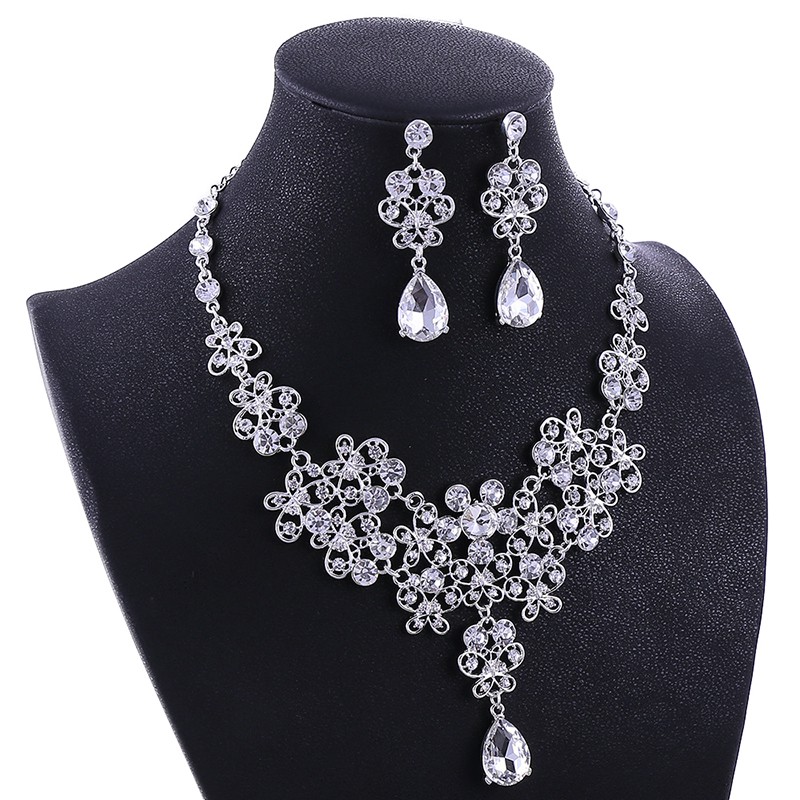 ชุดเครื่องประดับสร้อยคอต่างหูมงกุฎคริสตัล Rhinestone