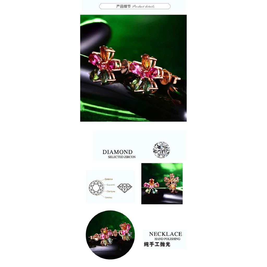 ต่างหู สีทอง จี้ดอกไม้ ประดับพลอย เพชร 18 สี de2-2936