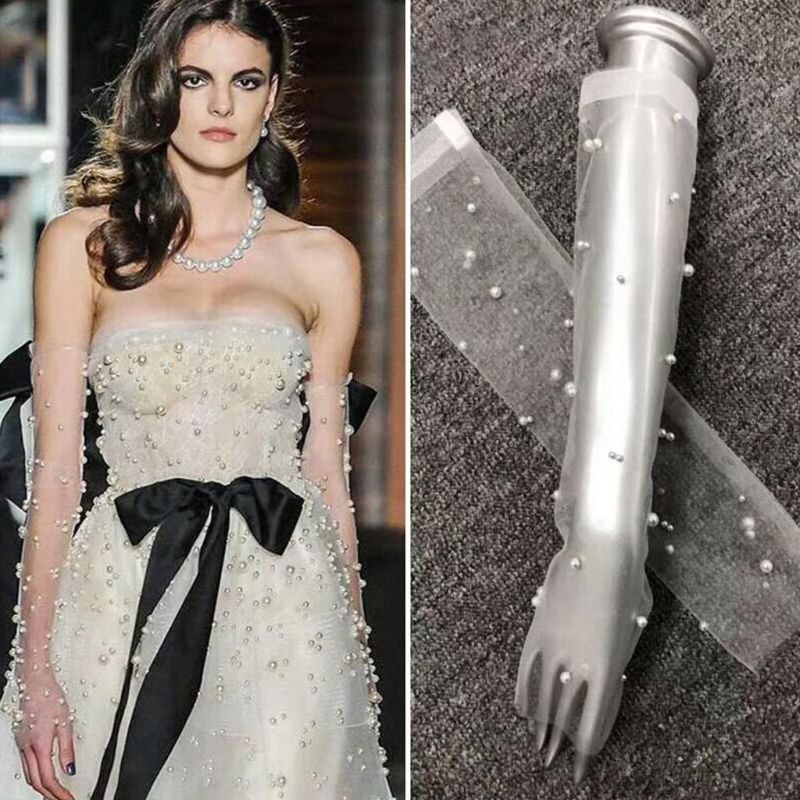 ถุงมือยาว ผ้าตาข่าย ประดับไข่มุก สีขาว เหมาะกับงานพรอม งานแต่งงาน สําหรับผู้หญิง