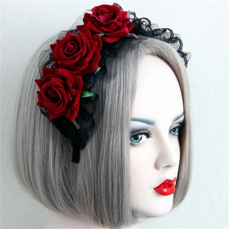 ที่คาดผม มงกุฎดอกกุหลาบ สีแดง แต่งลูกไม้ สไตล์โกธิค สําหรับผู้หญิง