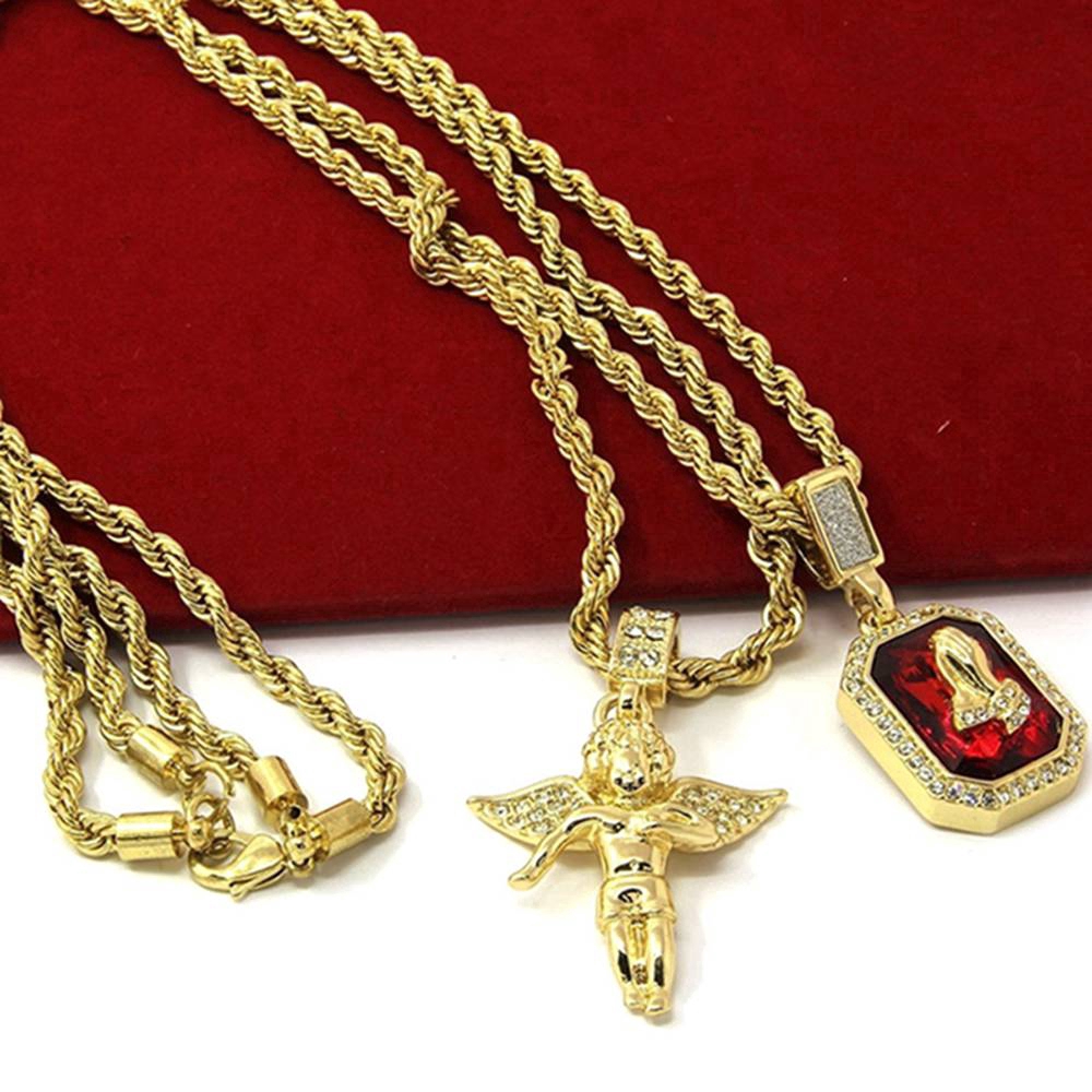 ผู้ชาย Golden Angel Ruby Pendant สร้อยคอยาวฮิปฮอป