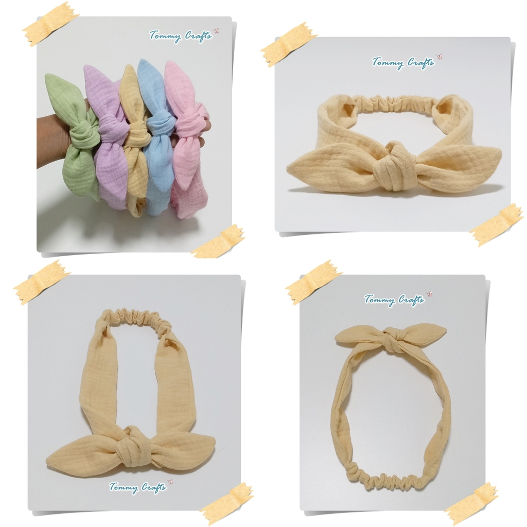 ผ้าคาดผมโบว์ผ้าฝ้ายอัดยับ ไซส์ผู้ใหญ่/เด็ก สีหวาน เขียว/ม่วง/เหลือง/ฟ้า/ชมพู cotton Hairbands