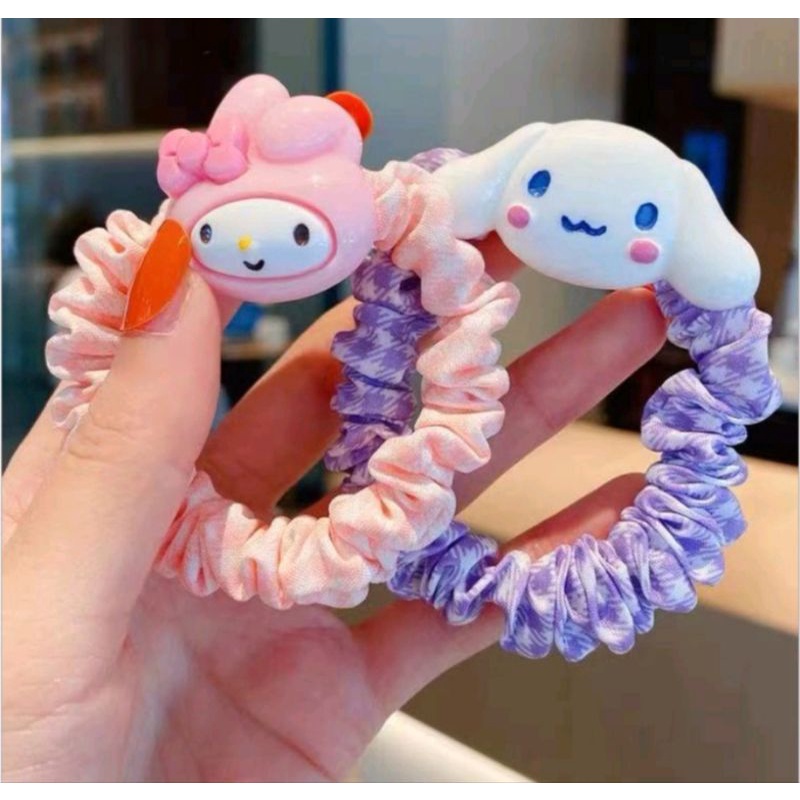 ยางมัดผมลายสก็อตหัวตัวการ์ตูนซานริโอหัวพลาสติก(พร้อมส่ง)