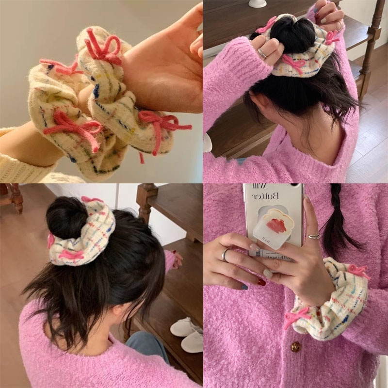 ยางรัดผม ผ้าวูล แต่งลูกไม้ ขนาดใหญ่ สีสันสดใส สําหรับเด็กผู้หญิง