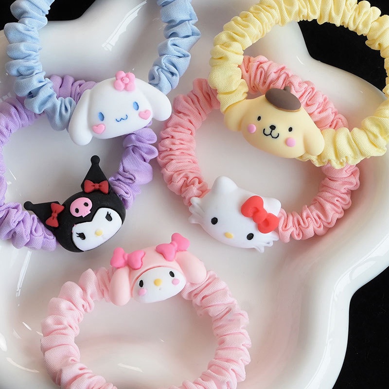 ยางรัดผม แบบนิ่ม ลายการ์ตูน Sanrio Cinnamon Dog Mymelody Purin Kuromi แบบเรียบง่าย สําหรับเด็กผู้หญิง