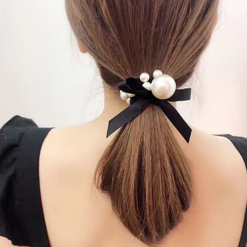 ยางรัดผมมุกโบว์ริบบิ้น Black Pearl Ribbon พร้อมส่งในไมย!!!