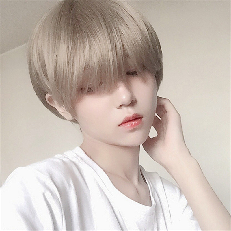 วิกผมสังเคราะห์ วิกผมสั้นตรง สีไวน์แดง สีน้ําตาลอ่อน เหมาะกับวัยรุ่น สําหรับผู้ชาย