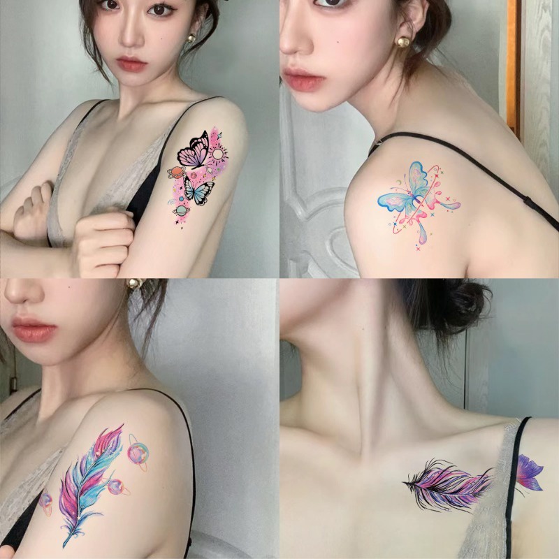 สติกเกอร์รอยสักชั่วคราว ลายขนนก ผีเสื้อเรืองแสง กันน้ํา สีฟ้า สําหรับตกแต่งร่างกาย