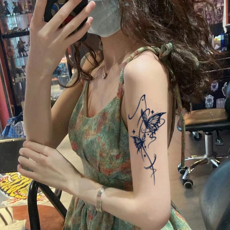สติกเกอร์รอยสักชั่วคราว ลายผีเสื้อ สีดํา กันน้ํา ติดทนนาน 15 วัน