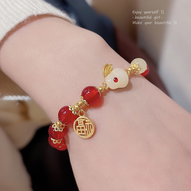 สร้อยข้อมือ ประดับลูกปัดหยก รูปกระต่ายนําโชค สไตล์จีนวินเทจ สําหรับผู้หญิง และคู่รัก