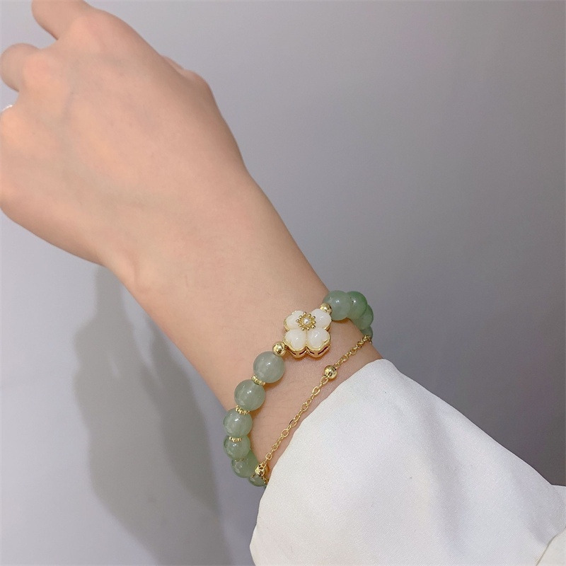 สร้อยข้อมือ ประดับลูกปัดหยกธรรมชาติ ลายดอกไม้ สองชั้น สําหรับผู้หญิง